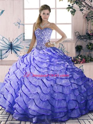 Lavender Sweetheart Lace Up Beading and Ruffled Layers Sweet 16 Quinceanera Dress Brush Train Sleeveless