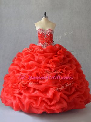 Best Red Sweetheart Neckline Pick Ups and Hand Made Flower 15 Quinceanera Dress Sleeveless Lace Up
