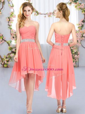 Spectacular Watermelon Red Bridesmaid Dresses Wedding Party with Belt Sweetheart Sleeveless Lace Up