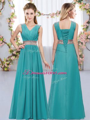 Affordable Sleeveless Lace Up Floor Length Beading and Belt Wedding Guest Dresses