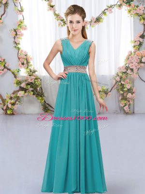 Affordable Sleeveless Lace Up Floor Length Beading and Belt Wedding Guest Dresses