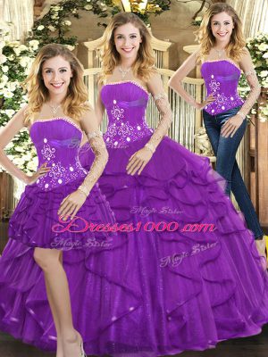 Purple Quinceanera Dress Sweet 16 and Quinceanera with Beading and Ruffles Strapless Sleeveless Lace Up