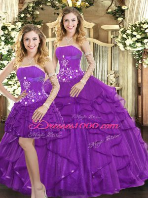 Purple Quinceanera Dress Sweet 16 and Quinceanera with Beading and Ruffles Strapless Sleeveless Lace Up