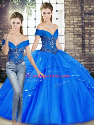 Discount Royal Blue Two Pieces Beading and Ruffles 15th Birthday Dress Lace Up Tulle Sleeveless Floor Length