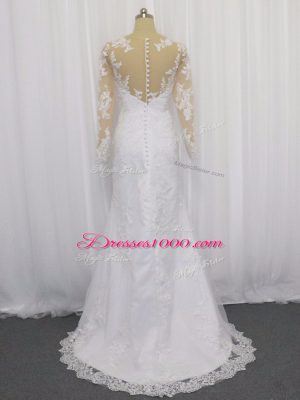 Fitting White Scoop Neckline Lace Bridal Gown Long Sleeves Clasp Handle