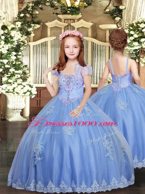 Fabulous Strapless Sleeveless Sweet 16 Dress Floor Length Beading and Appliques Light Blue Tulle