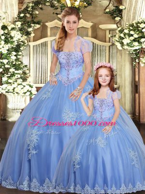 Fabulous Strapless Sleeveless Sweet 16 Dress Floor Length Beading and Appliques Light Blue Tulle