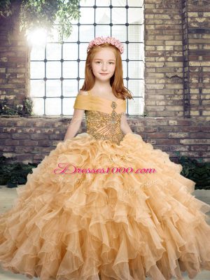 Custom Fit Peach Tulle Lace Up Little Girl Pageant Gowns Sleeveless Floor Length Beading and Ruffles