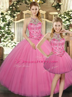 Rose Pink Halter Top Lace Up Embroidery Quinceanera Gown Sleeveless