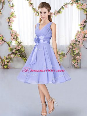 Exceptional Empire Quinceanera Court of Honor Dress Lavender V-neck Chiffon Sleeveless Knee Length Lace Up