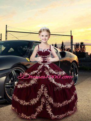 Great Sleeveless Satin Floor Length Lace Up Child Pageant Dress in Burgundy with Embroidery