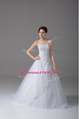 Luxurious White Strapless Lace Up Beading and Lace Wedding Gowns Brush Train Sleeveless