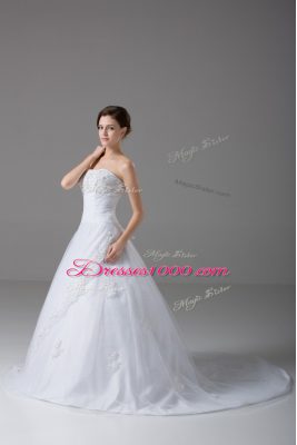 Luxurious White Strapless Lace Up Beading and Lace Wedding Gowns Brush Train Sleeveless