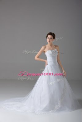 Luxurious White Strapless Lace Up Beading and Lace Wedding Gowns Brush Train Sleeveless