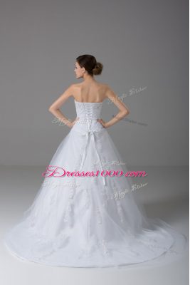 Luxurious White Strapless Lace Up Beading and Lace Wedding Gowns Brush Train Sleeveless