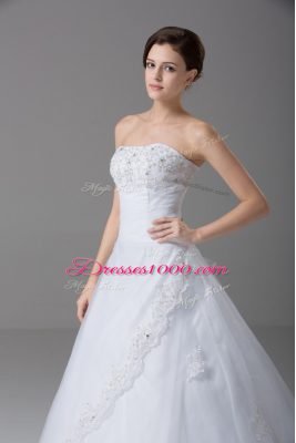 Luxurious White Strapless Lace Up Beading and Lace Wedding Gowns Brush Train Sleeveless