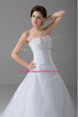 Luxurious White Strapless Lace Up Beading and Lace Wedding Gowns Brush Train Sleeveless