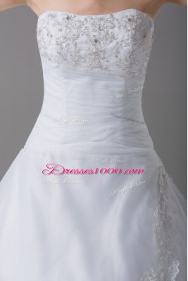 Luxurious White Strapless Lace Up Beading and Lace Wedding Gowns Brush Train Sleeveless