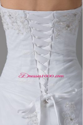 Luxurious White Strapless Lace Up Beading and Lace Wedding Gowns Brush Train Sleeveless