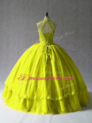 Edgy Floor Length Lace Up Quinceanera Dress Yellow Green and In with Appliques