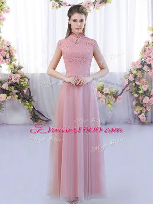 Suitable Cap Sleeves Tulle Floor Length Zipper Vestidos de Damas in Pink with Lace