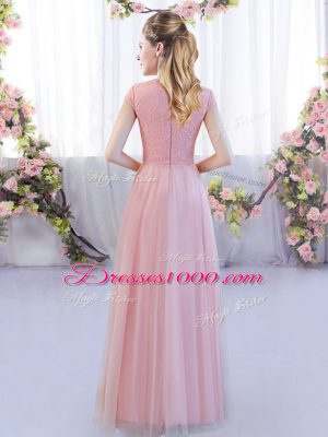 Suitable Cap Sleeves Tulle Floor Length Zipper Vestidos de Damas in Pink with Lace