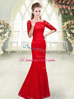 Floor Length Red Homecoming Dress Lace 3 4 Length Sleeve Beading