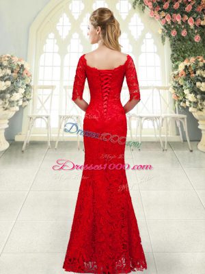 Floor Length Red Homecoming Dress Lace 3 4 Length Sleeve Beading