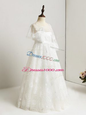 Customized White Side Zipper Scoop Lace Flower Girl Dress