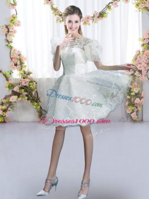 High Class White Tulle Lace Up Court Dresses for Sweet 16 Short Sleeves Mini Length Lace