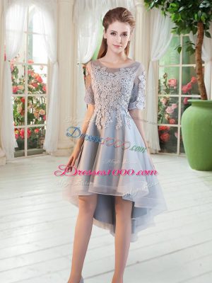 Grey Lace Up Scoop Appliques Homecoming Dress Tulle Half Sleeves