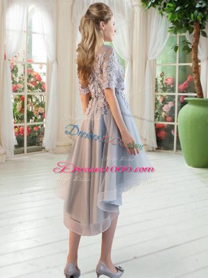 Grey Lace Up Scoop Appliques Homecoming Dress Tulle Half Sleeves