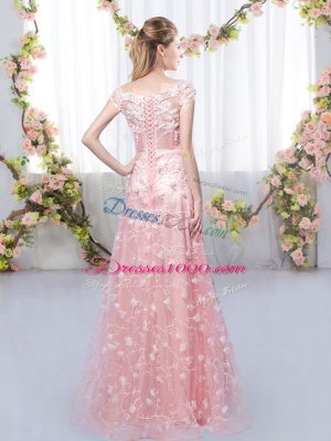 Classical Cap Sleeves Tulle Floor Length Lace Up Court Dresses for Sweet 16 in Peach with Appliques