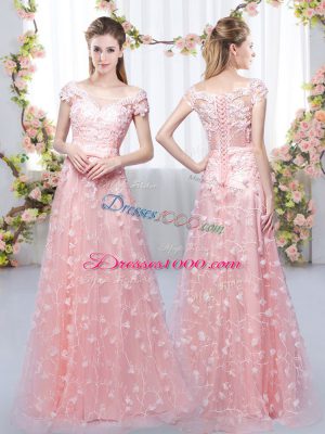 Pink Cap Sleeves Appliques Floor Length Wedding Guest Dresses