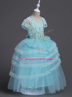 Colorful Aqua Blue Zipper Flower Girl Dresses for Less Appliques Sleeveless Floor Length