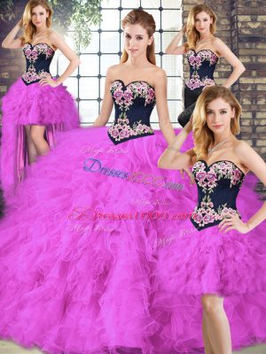 Sumptuous Sweetheart Sleeveless Lace Up 15th Birthday Dress Fuchsia Tulle