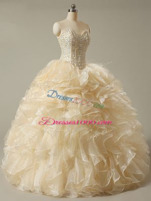 Sleeveless Beading and Ruffles Lace Up Quince Ball Gowns