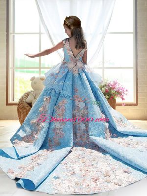 Fancy Turquoise Pageant Dress for Womens Wedding Party with Appliques High-neck Sleeveless Court Train Backless