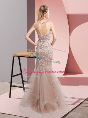 Dynamic Scoop Sleeveless Floor Length Beading Brown Tulle