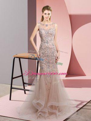 Dynamic Scoop Sleeveless Floor Length Beading Brown Tulle