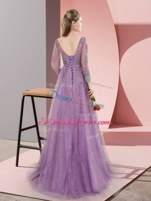 Sumptuous Tulle V-neck Long Sleeves Sweep Train Lace Up Beading and Appliques Evening Dress in Lavender