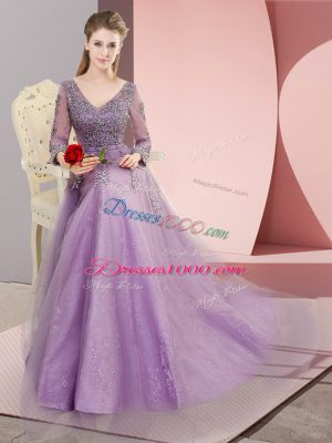 Sumptuous Tulle V-neck Long Sleeves Sweep Train Lace Up Beading and Appliques Evening Dress in Lavender