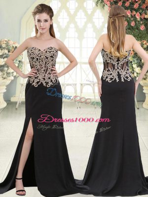 Zipper Prom Party Dress Black for Prom and Party with Beading and Appliques Sweep Train
