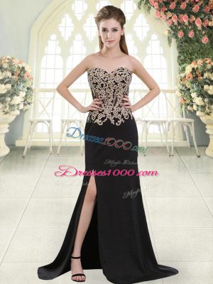 Zipper Prom Party Dress Black for Prom and Party with Beading and Appliques Sweep Train