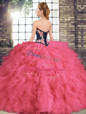 Sweetheart Sleeveless Tulle Quince Ball Gowns Beading and Embroidery Lace Up