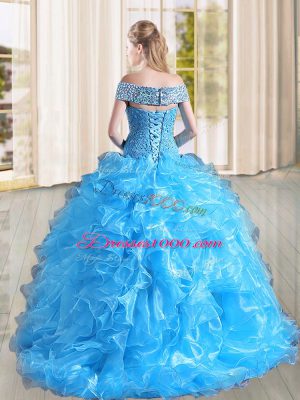 Custom Made Organza Off The Shoulder Sleeveless Sweep Train Lace Up Beading and Lace and Ruffles Vestidos de Quinceanera in Blue