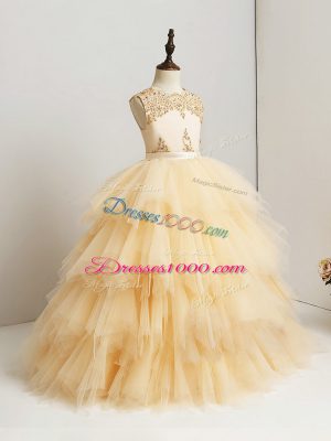 Stunning Gold Ball Gowns Tulle Scoop Sleeveless Beading and Ruffles Floor Length Zipper Evening Gowns