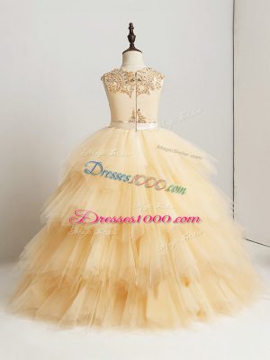 Stunning Gold Ball Gowns Tulle Scoop Sleeveless Beading and Ruffles Floor Length Zipper Evening Gowns