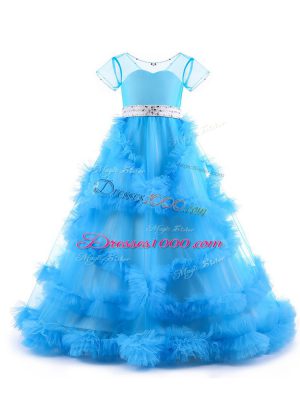 Baby Blue Short Sleeves Floor Length Beading and Ruffles Backless Pageant Dress Womens