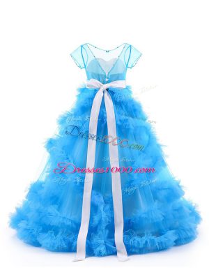 Baby Blue Short Sleeves Floor Length Beading and Ruffles Backless Pageant Dress Womens